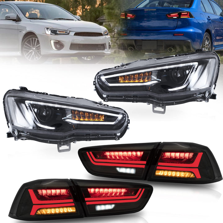 VLAND Scheinwerfer und Rücklicht passend für EVO X & Lancer 2008-2020, Rücklicht geräuchert,Scheinwe