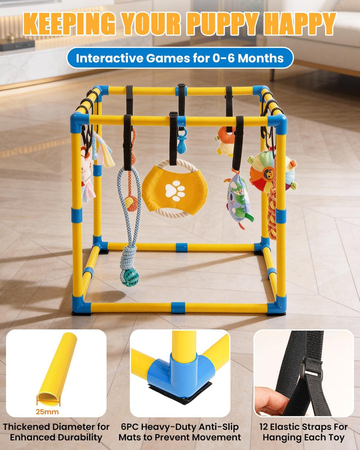 Welpen Spielgym für Kleine Hunde, 60 x 60 cm mit 12 Hängespielzeugen | Indoor Hundespielplatz mit An