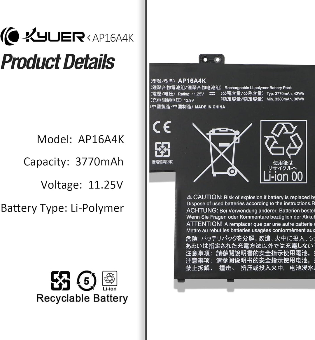 AP16A4K Laptop Akku für Acer Swift 1 SF113-31 Aspire One Cloudbook 11 AO1-132 AO1-132-C5MV AO1-132-C