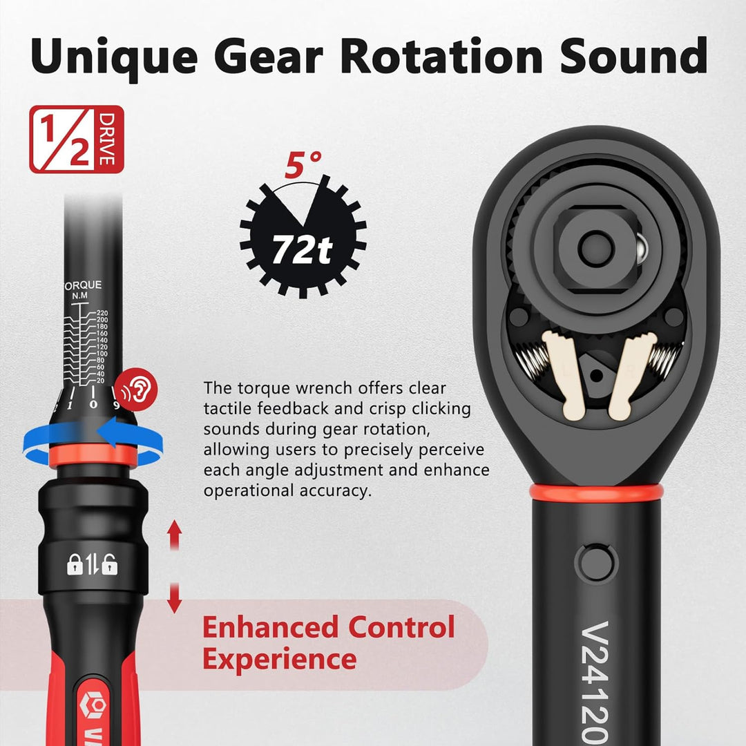VANPO Drehmomentschlüssel 1/2 Zoll, 20-220Nm, Drehmomentschlüssel-Set inkl. 125mm Verlängerungsstang