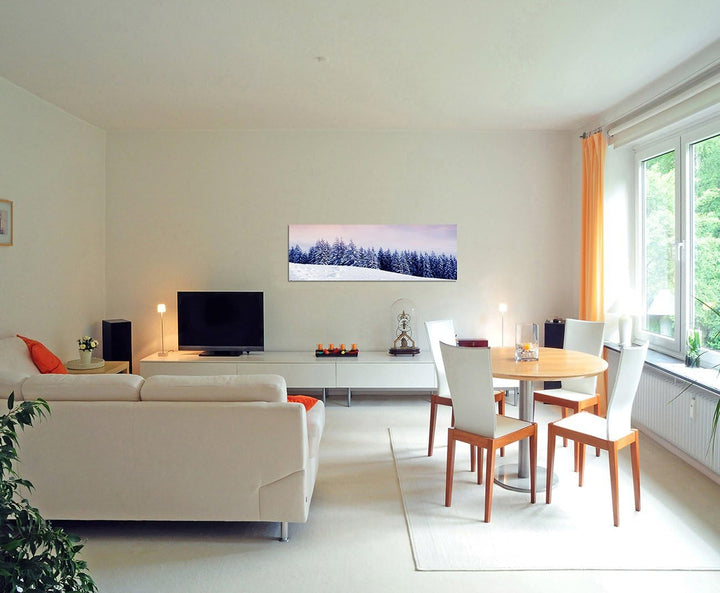 Paul Sinus Art Panoramabild auf Leinwand und Keilrahmen 150x50cm Winterlandschaft Wald Sonne Wolkenh