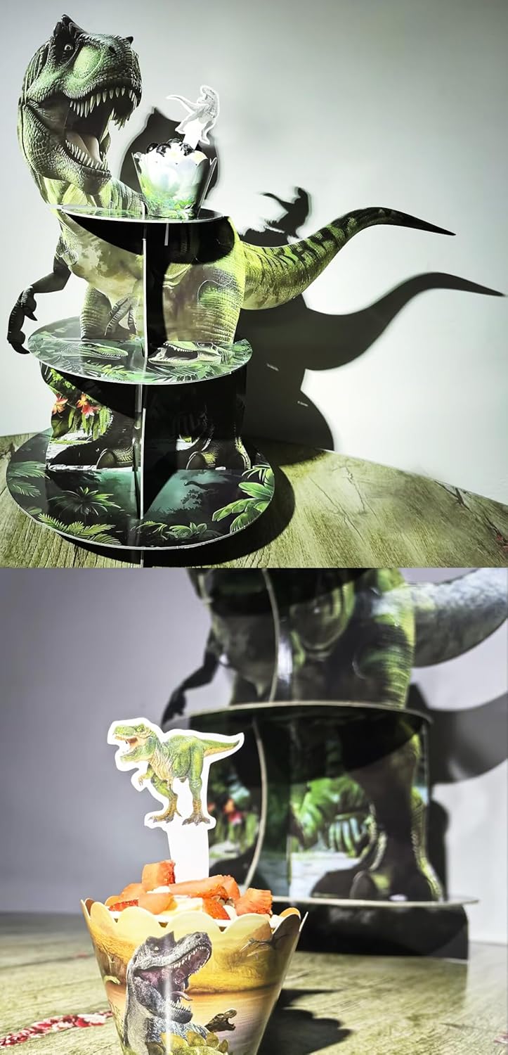 3 Tier Dinosaurier Kuchen Stand, Cupcake Turm, 12Pcs Dinosaurier Kuchen Surround Dinosaurier Thema G