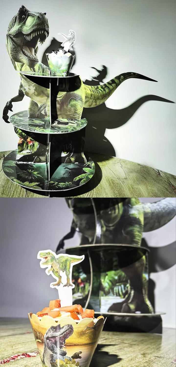 3 Tier Dinosaurier Kuchen Stand, Cupcake Turm, 12Pcs Dinosaurier Kuchen Surround Dinosaurier Thema G