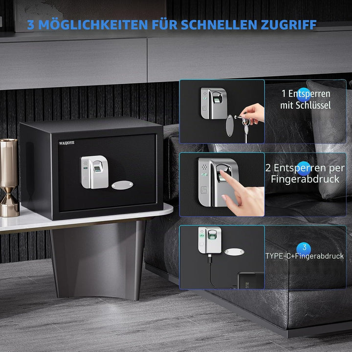 WASJOYE 25L Fingerabdruck Tresor Safe, Zahlenschloss, Biometrischer Möbeltresore, mit 2 Schlüssel, f