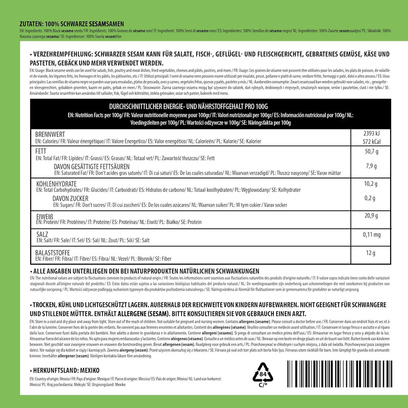 Sesam schwarz (1kg), Schwarzer Sesam 100% natürlich, Schwarze Sesamsamen ohne Zusätze Sesamsamen 1 K