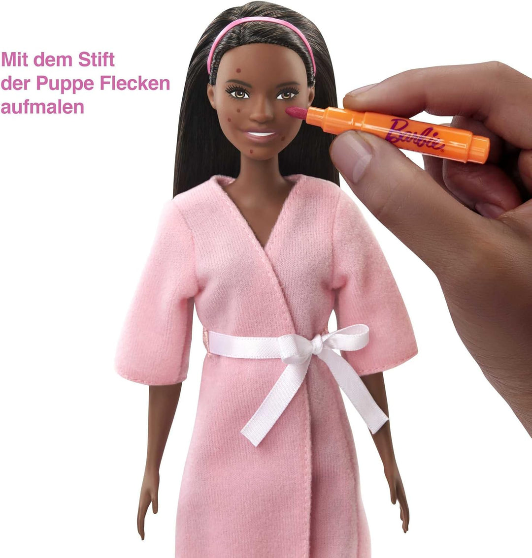 Barbie GJR85 Wellness Gesichtsmasken Spielset, brünette Puppe, Hündchen, Formen und Knete Brünett Si