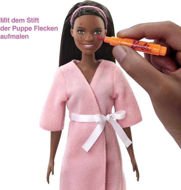 Barbie GJR85 Wellness Gesichtsmasken Spielset, brünette Puppe, Hündchen, Formen und Knete Brünett Si