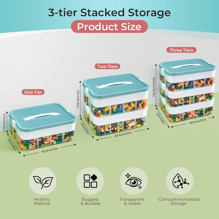 Kinder Aufbewahrungsbox mit Deckel für Lego Bausteine, 3 Stufen Aufbewahrungsboxen für Lego, Stapelb
