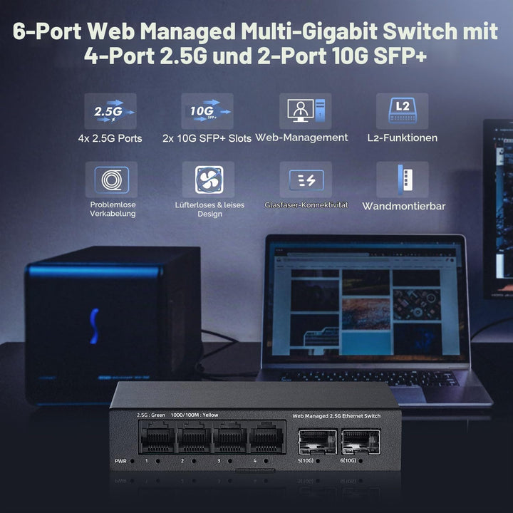 YuLinca 6 Port 2.5G Easy Web Managed Switch, 4 x 2.5Gbps Base-T Ports und 2 x 10G SFP+ Slot, unterst