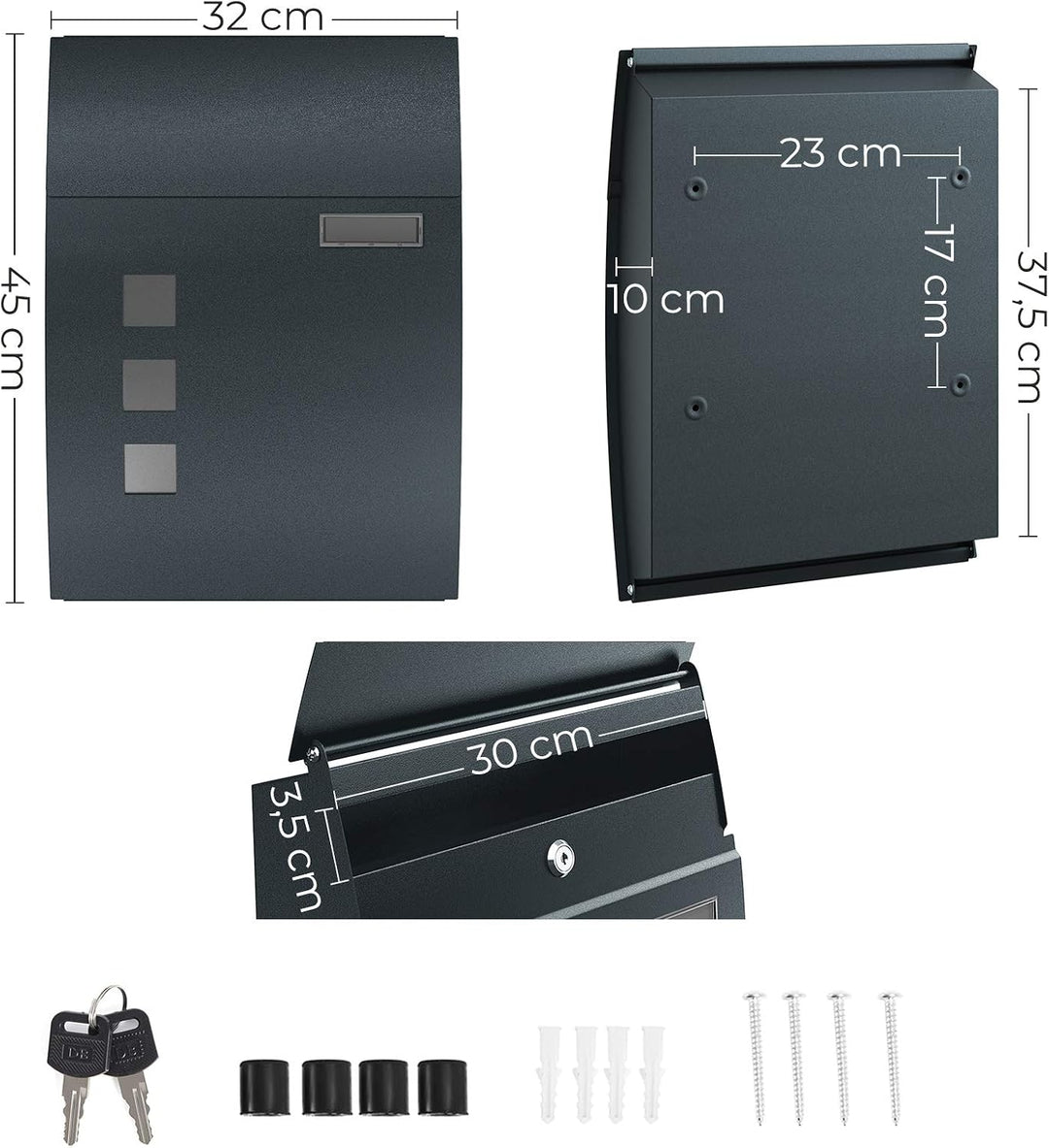 SONGMICS Briefkasten Wandbriefkasten mit Sichtfenster, Platz für Namen, 2 Schlüssel, Grau Anthrazit