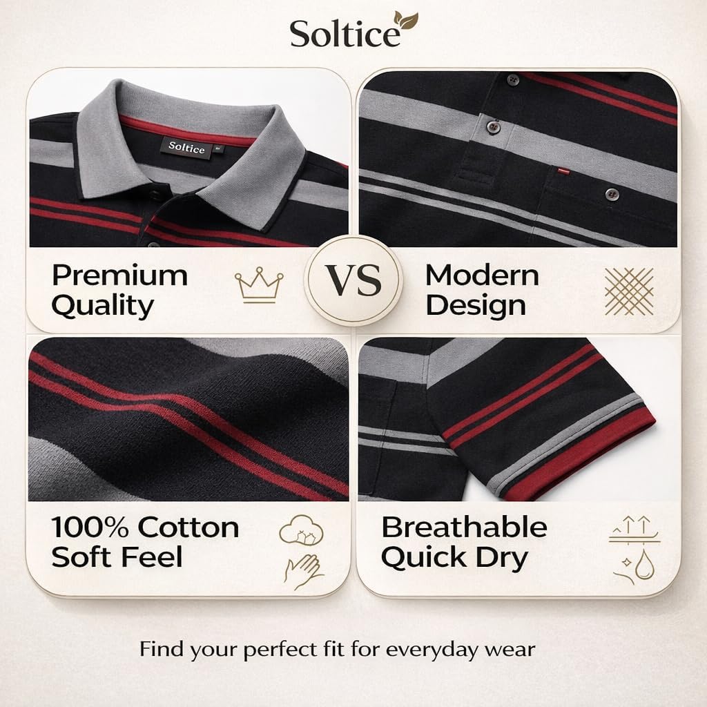 Soltice Polo Shirts Herren Kurzarm, Blousonshirts, Gestreifte Polohemden mit Brusttasche aus Baumwol