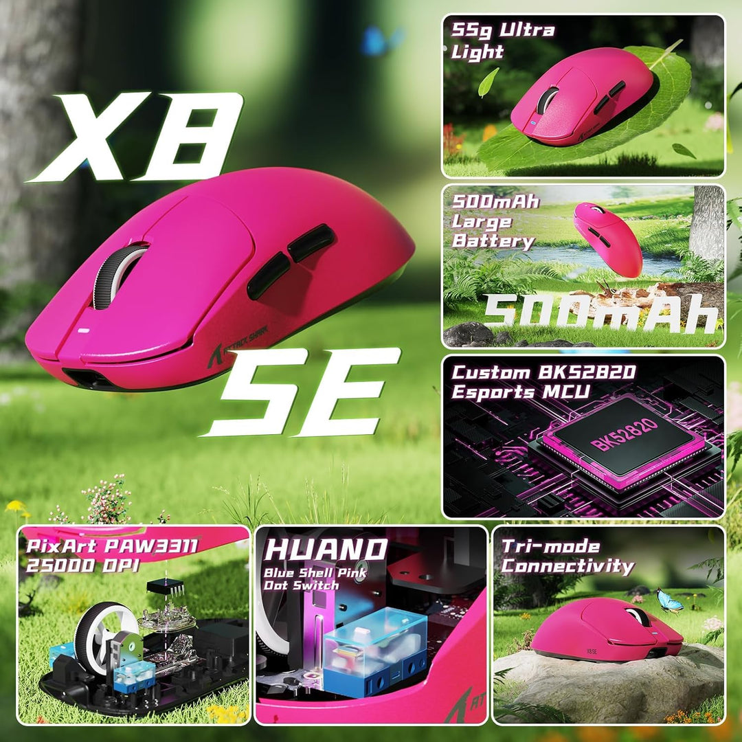 ATTACK SHARK X8SE Kabellose Gaming-Maus, 55g Ultraleicht, PAW3311 Sensor, BK52820 Chip, 25.000 DPI,