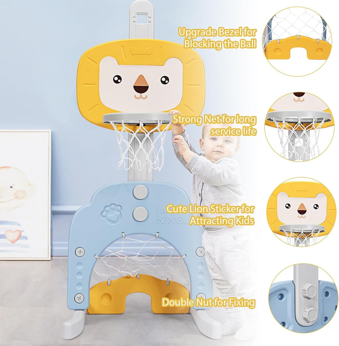 HOMASIS 3 in 1 Kinder Basketballkorb Set, multifunktionaler Basketballständer mit Fussballtor & Golf