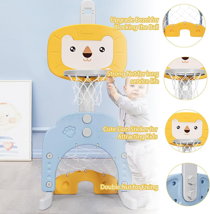 HOMASIS 3 in 1 Kinder Basketballkorb Set, multifunktionaler Basketballständer mit Fussballtor & Golf