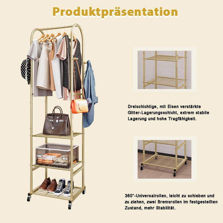 Kleiderständer mit Rädern und 3-stufigen Metallböden, Kleiderstangen zum Aufhängen von Kleidung mit