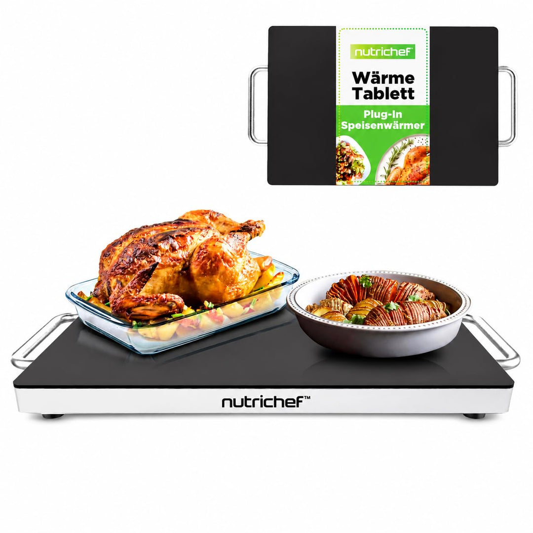 NutriChef Warmhalteplatte Elektrisch – 41,9 x 27,9 cm Glas-Kochplatte mit Griffen für Speisen, Für B