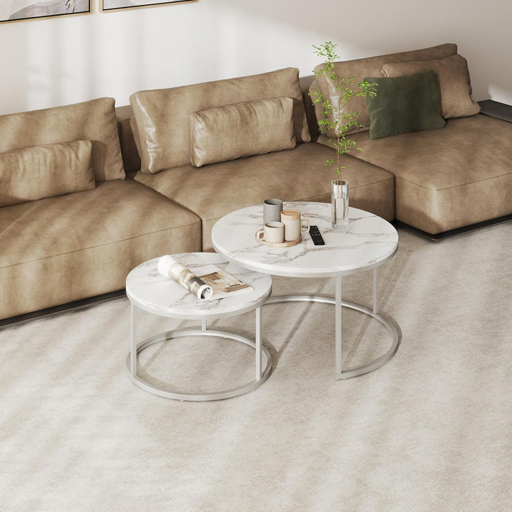 Couchtisch Marmor Optik, Runder Wohnzimmertisch, Weiss Couchtisch Silber, Satztische fürs Wohnzimmer