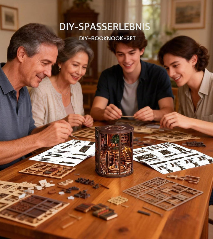 Spilay Book Nook, Runde Bibliothek DIY Miniature House | Mit LED, 3D-Puzzle, Bücherregal- &amp; Schreibt