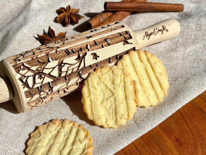 JAHRESZEITEN 3-er SET Kinder Nudelhölzer. Teigrolle mit Frühlingsblumen, Tulpen, Narzissen, Erdbeere