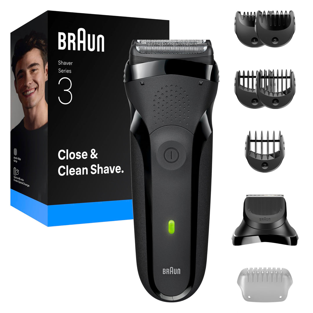 Braun Elektrorasierer Serie 3, 3 flexible Klingen, Bartschneider-Aufsatz, +5 Kämme, Trockenrasierer