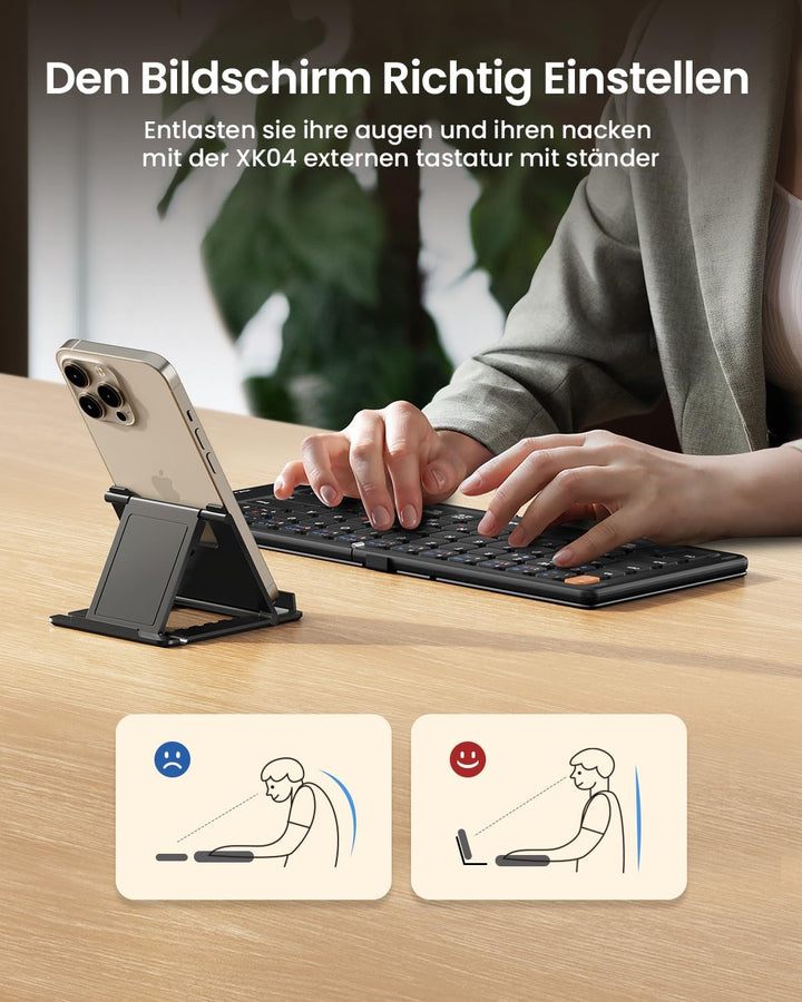 ProtoArc Faltbare Kompakte Tastatur QWERTZ, XK04 Tragbare Bluetooth-Tastatur mit PU-Lederhülle, Kabe