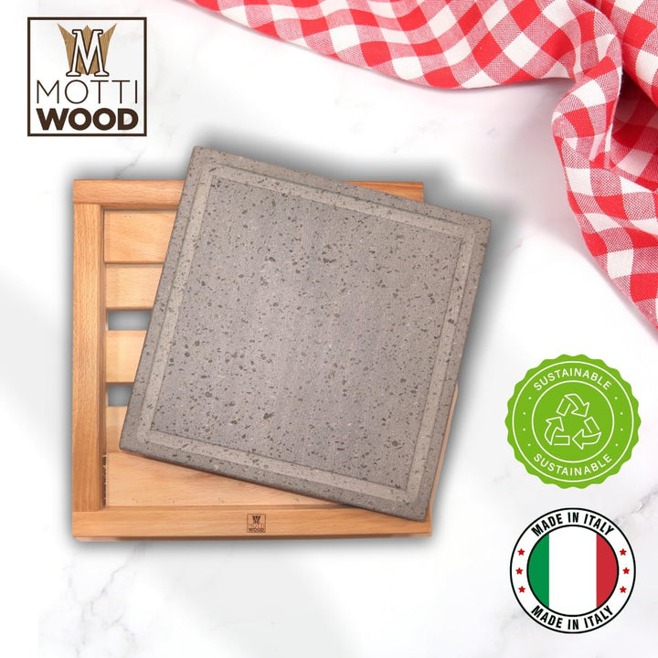 Mottinox Sizilianischer Lavastein mit Abfluss, quadratisch, 30 x 30 cm, mit Halterung aus Buchenholz