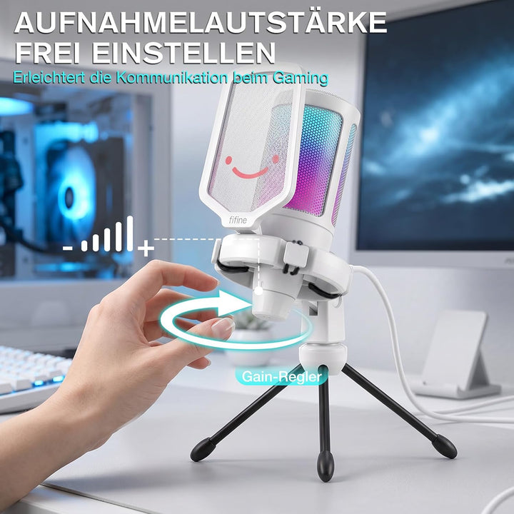FIFINE Gaming Mikrofon PC, Typ A/C USB Microphone für PS4 PS5 Mac, mit Mikrofon Ständer, Stummschalt
