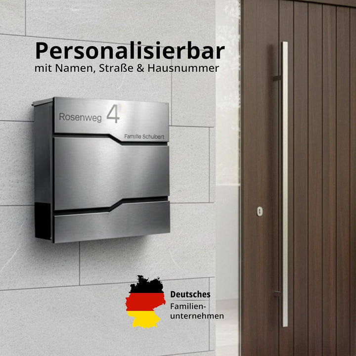 Grafner Premium Briefkasten personalisiert, Edelstahl mit Zeitungsfach und 2 Schlüssel, moderner Pos