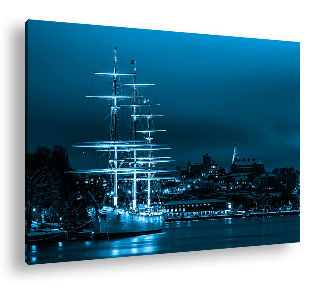 deyoli Segelboote im Hafen von Stockholm Format 80x60 Effekt: Monocrome Blau als Leinwandbild, Motiv