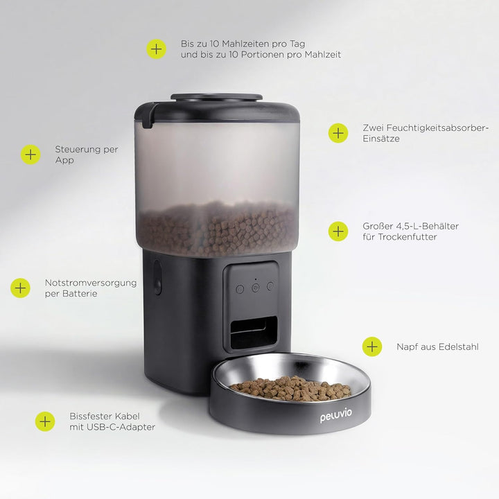 Crispy Wi-Fi Katzenfutterautomat mit App und WLAN, Portionskontrolle und Timer, Edelstahl-Napf, Batt