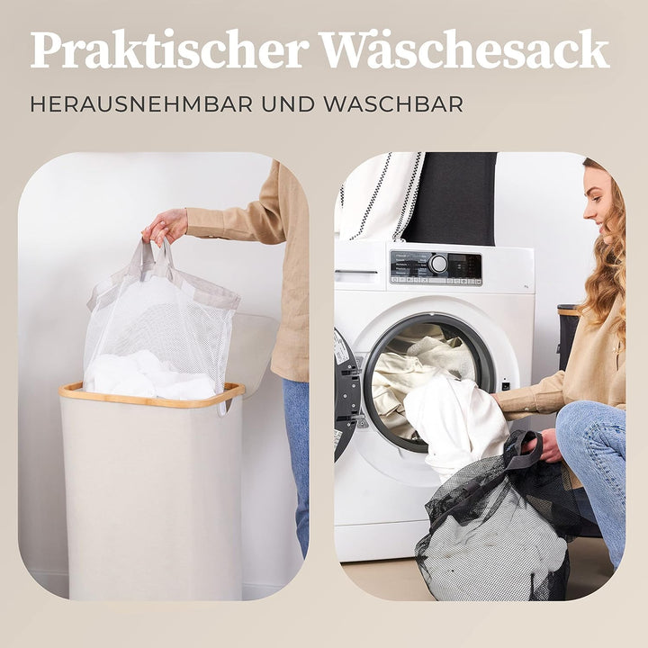HENNEZ 100L Wäschekorb mit Deckel Beige - herausnehmbaren Wäschesack Wäschesammler schmal mit Deckel