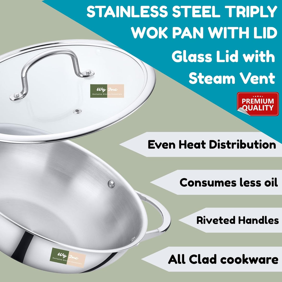 Edelstahl-Wok mit Deckel, Triply Kadhai, dreifach 22 cm grosse Pfanne zum Braten, Eintöpfe, Saucen,