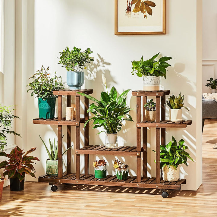 Yaheetech Pflanzenregal mit Rädern, Vierstufiges Blumenregal Balkon, Blumenständer, Blumentreppe, Ma