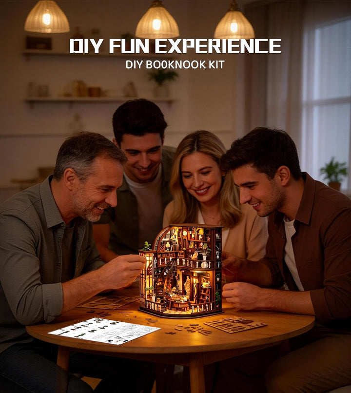 Spilay Miniatur Haus, Bacchus Bookstore 3D Holzpuzzle mit LED | DIY Miniature House Kit für Erwachse