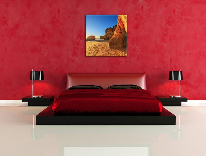 Sonnenuntergang an Felsen, Format: 70x70 auf Leinwand, XXL riesige Bilder fertig gerahmt mit Keilrah