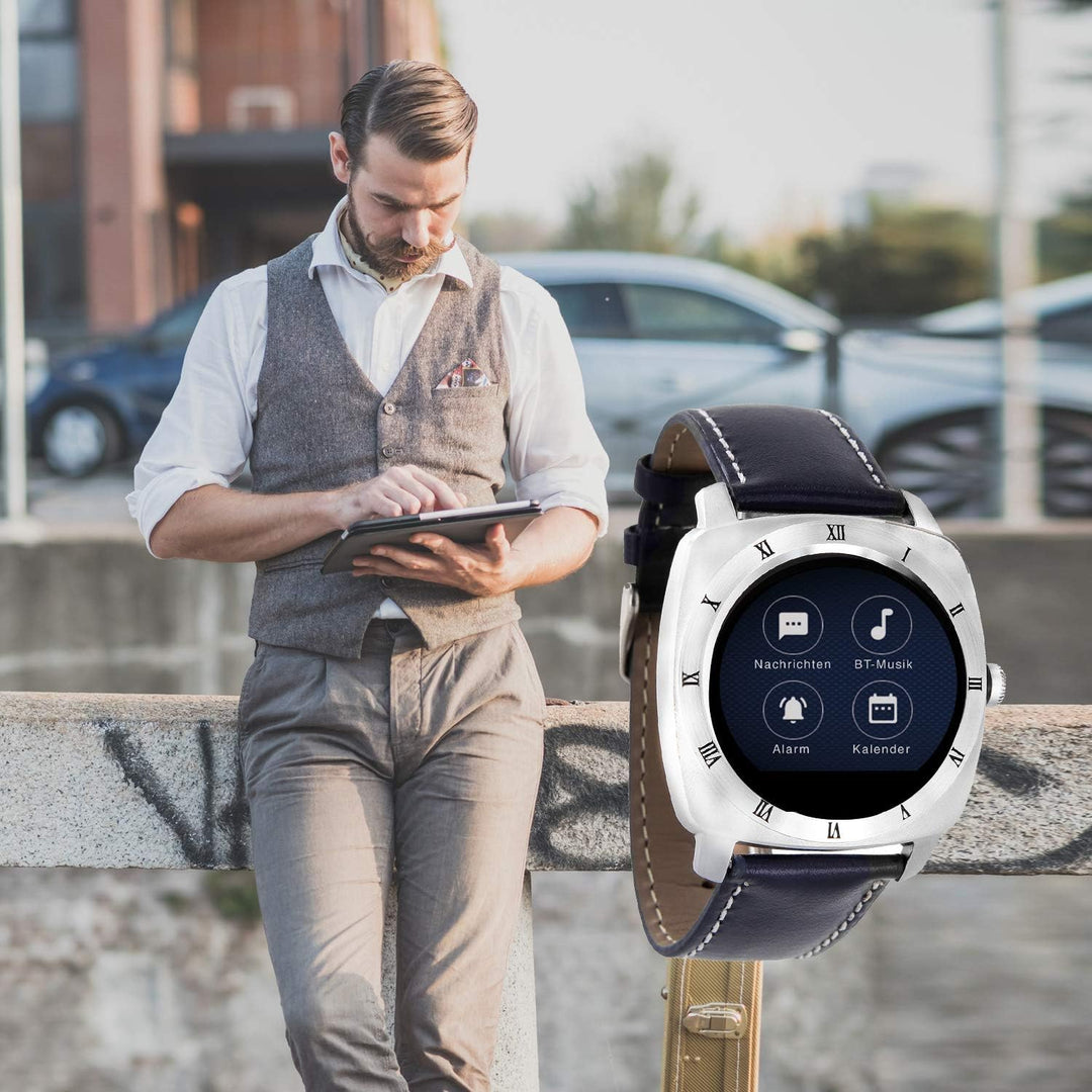 X-WATCH 54018 NARA XW PRO Herren Smartwatch, Apple iOS und Android kompatibel - Lederarmband Navy Bl
