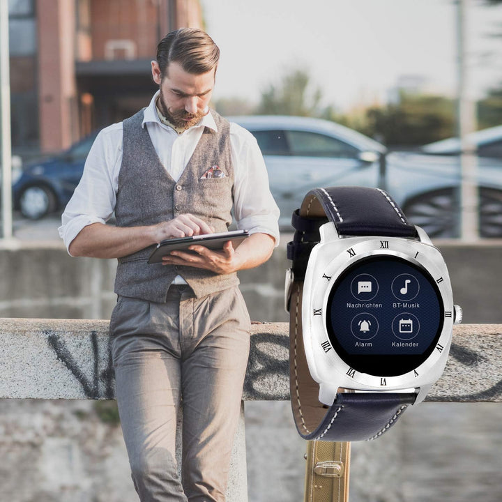 X-WATCH 54018 NARA XW PRO Herren Smartwatch, Apple iOS und Android kompatibel - Lederarmband Navy Bl