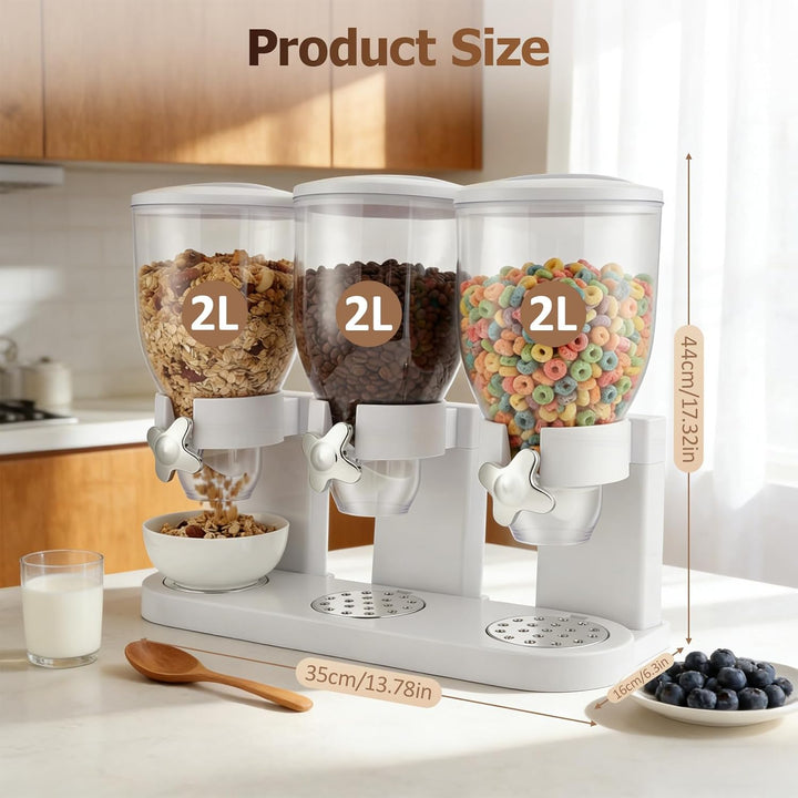 Müslispender & Snack-Dispenser mit 3 Kammern, 6L Gesamtvolumen - Rotierender Getreidebehälter für Co