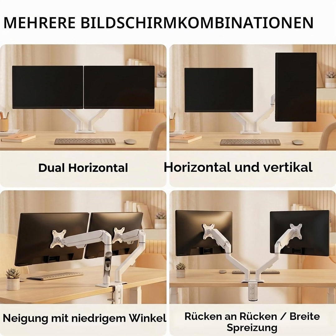 HILLPORT Weiss Monitor Arm Halterung 2 Monitore für 17 bis 30 Zoll Bildschirme, Bildschirmhalterung