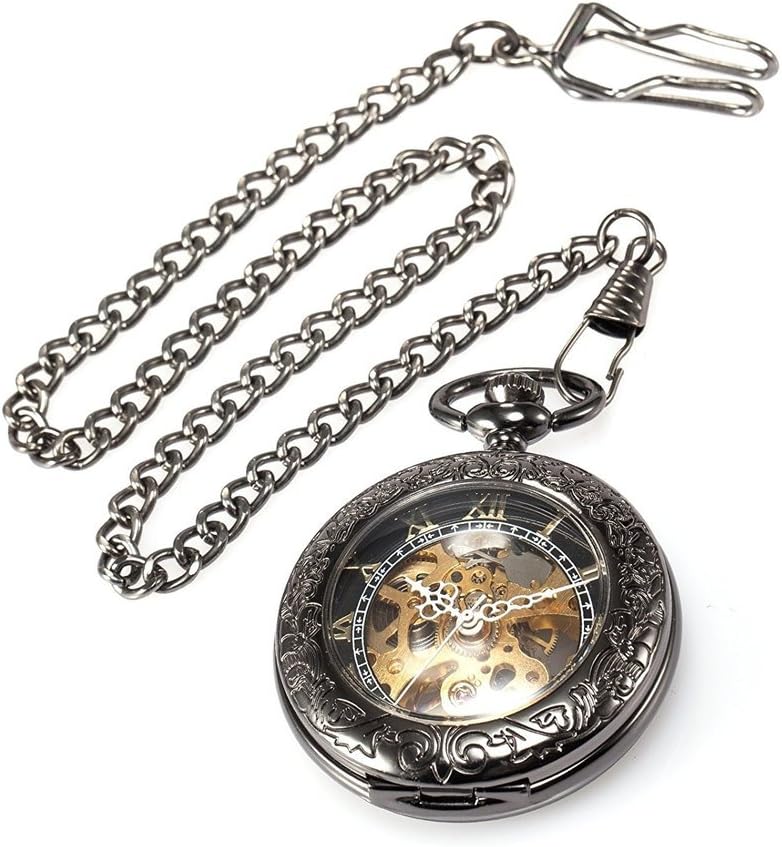 TREEWETO Unisex Taschenuhr mit Kette Analog Handaufzug Antik Skelett Lupe Schwarz