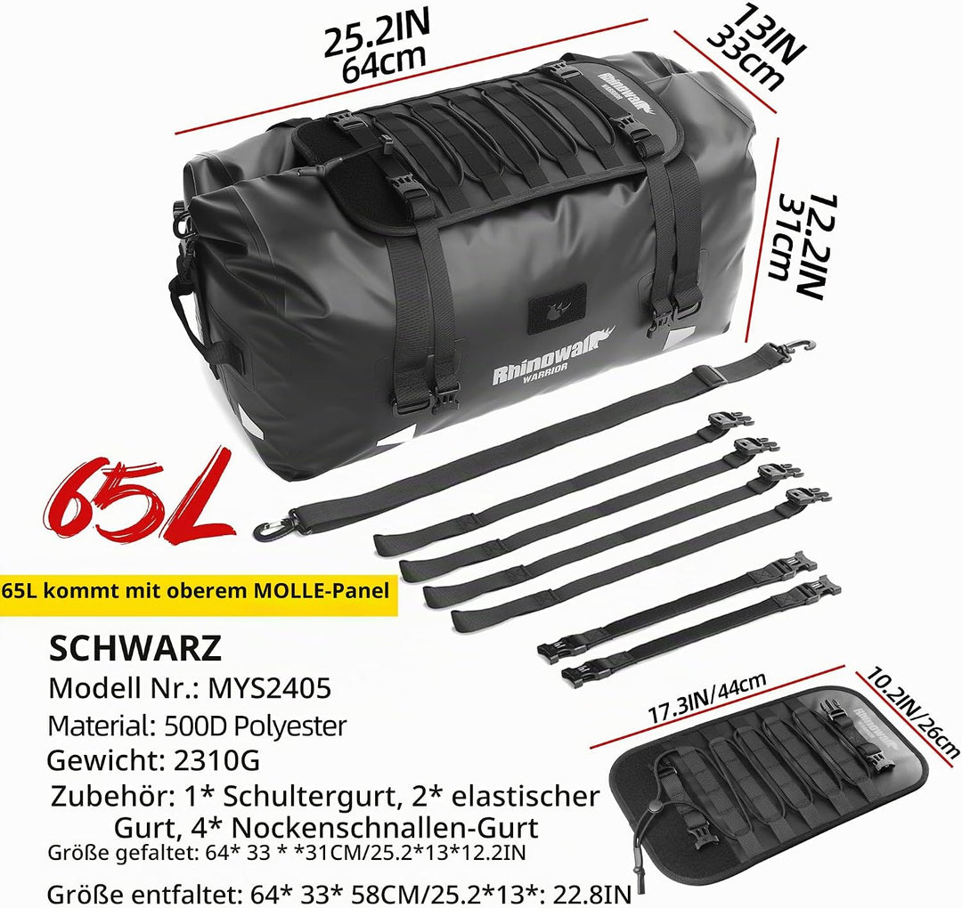 Rhinowalk Motorrad Hecktasche 65L – Extra Grosse wasserdichte Touring Tasche mit Erweiterungs-Panel