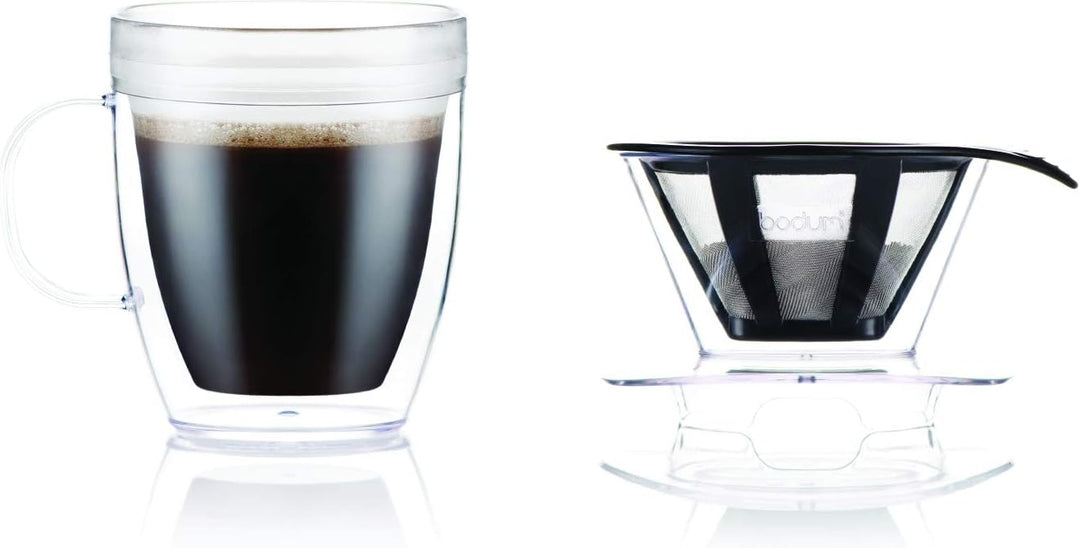 Bodum Pour Over Kaffee-Tropfer-Set mit doppelwandigem Becher und Permanentfilter, 340 ml, transparen