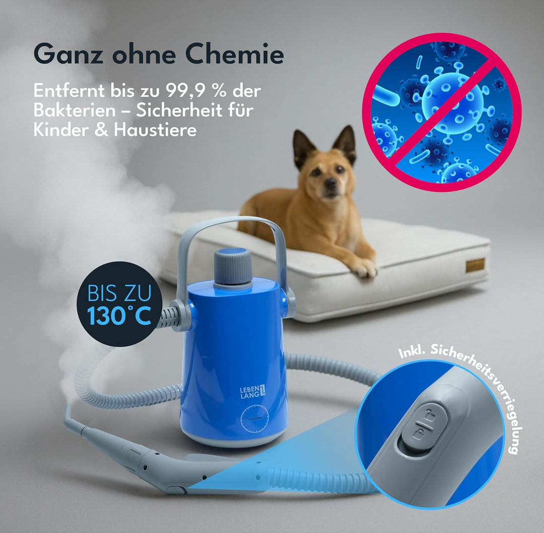 LEBENLANG Elektrischer Dampfreiniger Handgerät - 3,5 Bar & 1000W I 12x Zubehör I Steam Cleaner für a