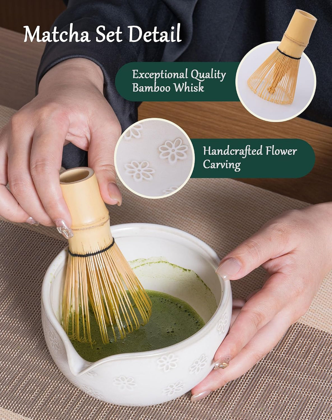 Matcha Set 6-teilig, Japanisches Matcha Schale Set mit Besen (Chasen), Halter, Edelstahl Sieb, Dosie