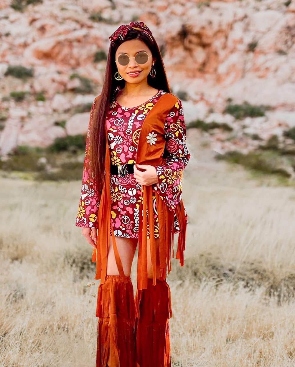YADODO Hippie Kostüm Damen Kleid Set 70er Jahre Bekleidung Damen 70er Jahre Kostüm Damen FaschingsKo