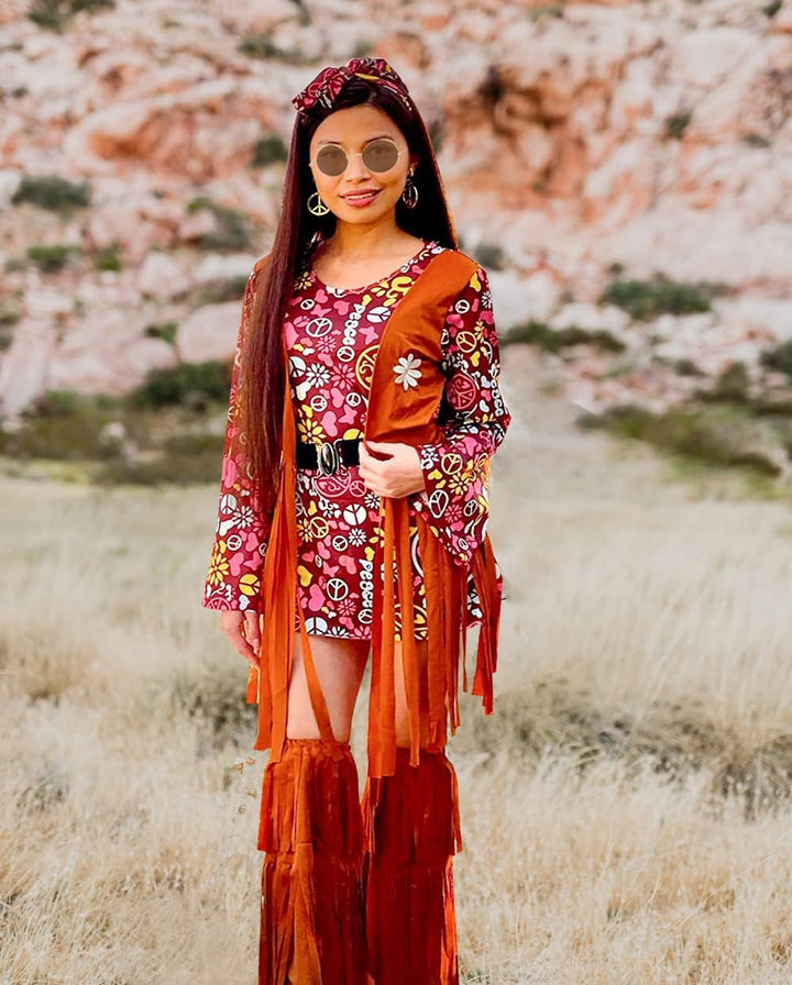 YADODO Hippie Kostüm Damen Kleid Set 70er Jahre Bekleidung Damen 70er Jahre Kostüm Damen FaschingsKo