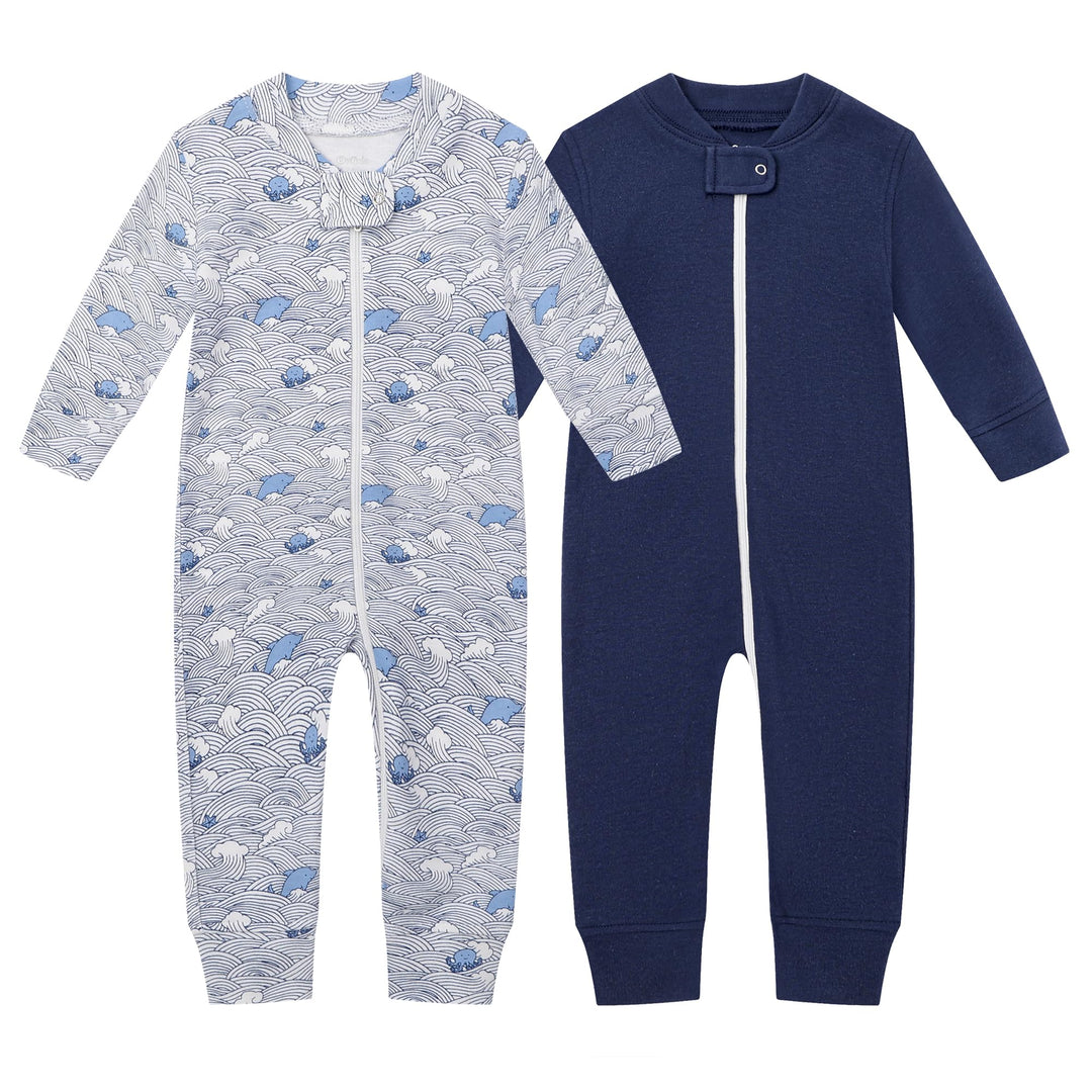 Owlivia Baby Schlafstrampler aus Bio Baumwolle, für Mädchen und Jungen, Langarm Wellen und Marine 0-