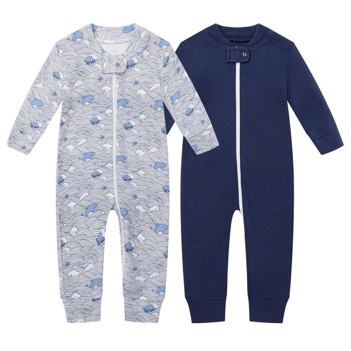 Owlivia Baby Schlafstrampler aus Bio Baumwolle, für Mädchen und Jungen, Langarm Wellen und Marine 0-