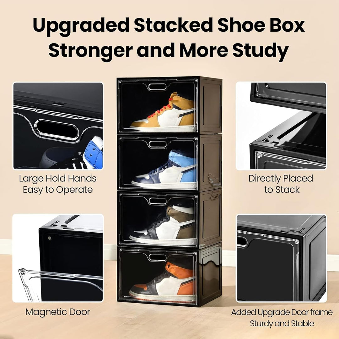 8 Stück Schuhboxen aus schwarzem Kunststoff, stapelbar, grosser Schuh-Organizer mit Deckel, Sneaker-