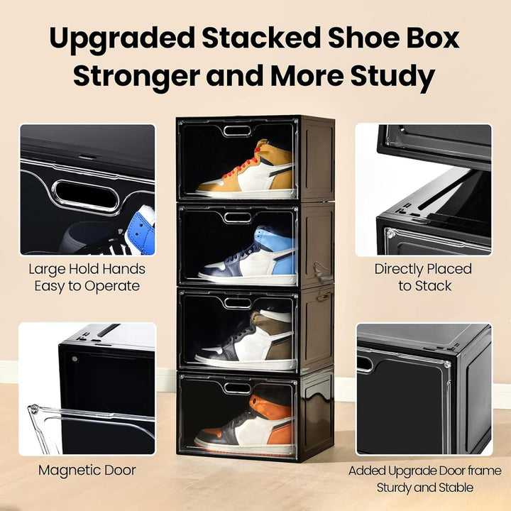 8 Stück Schuhboxen aus schwarzem Kunststoff, stapelbar, grosser Schuh-Organizer mit Deckel, Sneaker-